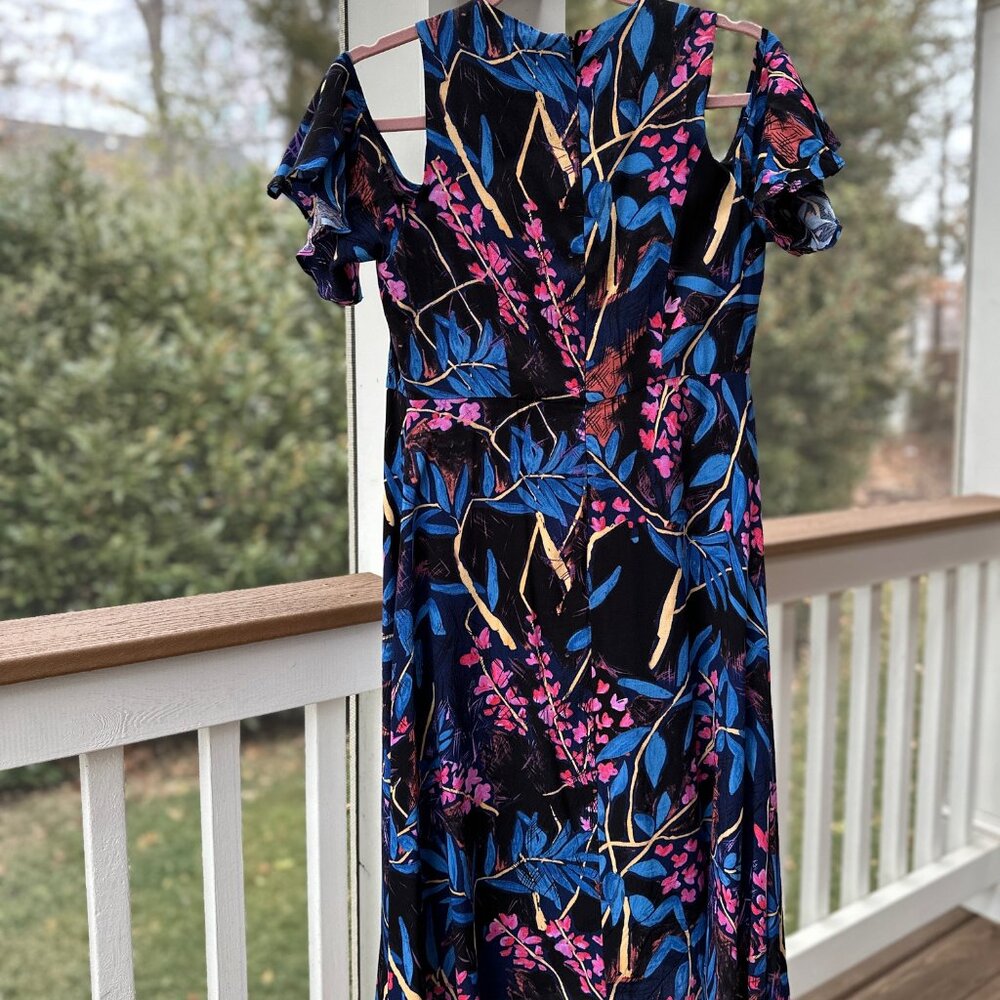 Anthropologie Maeve Elia Cold Shoulder Dress Black Pink Blue Midi A-line Sz 6